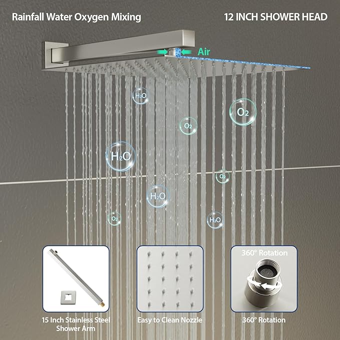 Sarlai Shower System Bathroom Shower Faucet Square Rainfall Shower Head and Handle Combo Wall Mounted Shower Faucet with Valve 12 Inch Shower Head Trim Systems Brushed Nickel