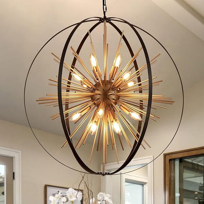 31.5" Black Gold 16-Light Globe Sputnik Chandelier Modern Industrial Adjustable Hanging Ceiling Firework Pendant Light Fixture for Entryway Foyer Stairway Bedroom Dining Living Room Hallway