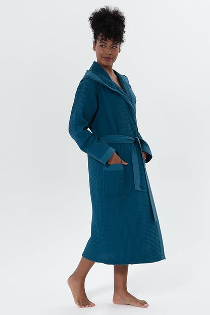 Women’s Luxury Waffle Shawl Collar, Hooded Robe w Piping – Lightweight, Long, Ultra Soft Spa Sleepwear Bathrobe