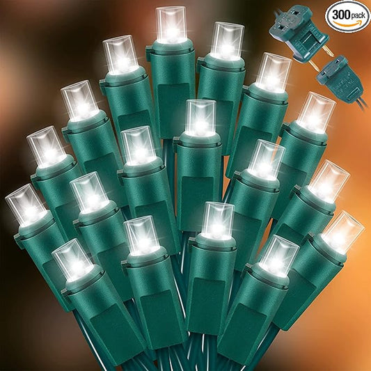 White Wide Angle LED Christmas Lights, 64.8 Ft 300 Count, Pack of 3 Strands 21.9 Ft 100 Lights UL Certified Commercial Grade Green Wire 5mm Holiday String Light