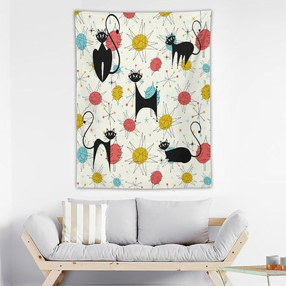 ICMOLYYENLO Abstract Cat Tapestry, Medieval Abstract Atomic Star Cat Vintage Home Wall Hanging Art Tapestry for Bedroom Living Room Dormitory 50x60 Inch