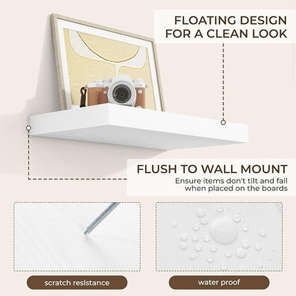 RICHFOCUS 16Inch Floating Shelves for Wall 2 Pack Shelves for Bedroom|Kitchen|Bathroom Wall Mounted Rustic Wood Floating Shelf with Invisible Brackets for Books|Storage|Decor, White