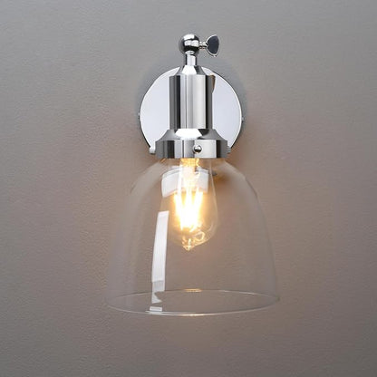 PERMO Industrial Vintage Wall Sconce Chrome Wall Sconce with 6.7" Oval Dome Clear Glass Shade Light Lamp Fixture