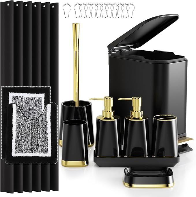 Bathroom Accessories Set - 23 PC Bathroom Sets with Shower Curtain and Rugs, Black Bathroom Set, Luxurious Stainless Steel Bathroom Trash Can, Toilet Brush & Soap Dish
