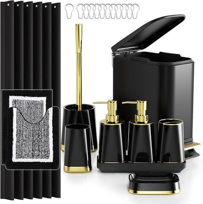 Bathroom Accessories Set - 23 PC Bathroom Sets with Shower Curtain and Rugs, Black Bathroom Set, Luxurious Stainless Steel Bathroom Trash Can, Toilet Brush & Soap Dish