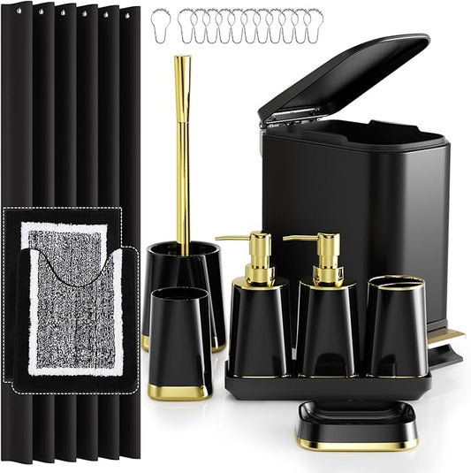 Bathroom Accessories Set - 23 PC Bathroom Sets with Shower Curtain and Rugs, Black Bathroom Set, Luxurious Stainless Steel Bathroom Trash Can, Toilet Brush & Soap Dish