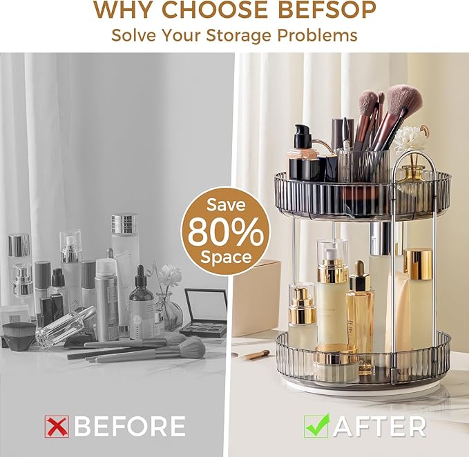 360° Rotating Makeup Organizer, Upgraded 2 Tier Skincare Perfume Organizers for Women, Bathroom Organizer Countertop, Clear Cosmetic Dresser Organizer with Makeup Brush Holder, Sink&Counter(Grey)