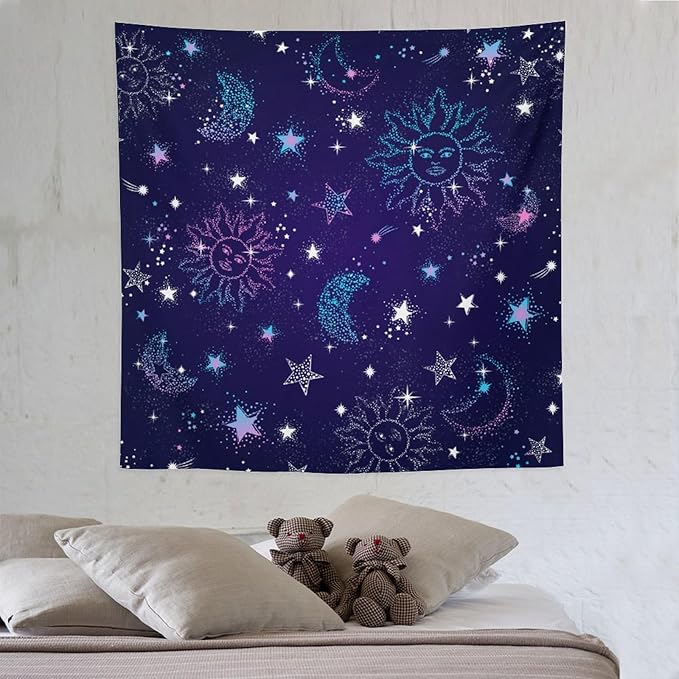 HZOHNAGO Boho Sun Moon Tapestry Purple Blue Sun Stars Galaxy Pattern Printed Wall Tapestry Wall Hanging for Bedroom Living Room Dorm 60" W x 60" H