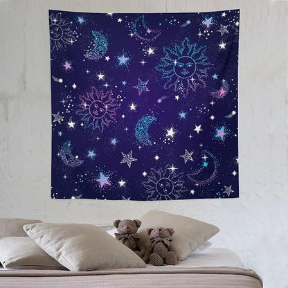 HZOHNAGO Boho Sun Moon Tapestry Purple Blue Sun Stars Galaxy Pattern Printed Wall Tapestry Wall Hanging for Bedroom Living Room Dorm 60" W x 60" H