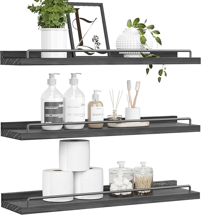 22 inches Long Floating Shelves, Bathroom Decor Shelves Over Toilet, Farmhouse Wall Shelves for Living Room, Bedroom, Picture Frames, Plants, Kitchen, Set of 3 (Black)