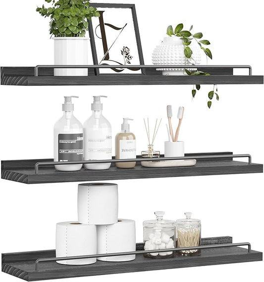 22 inches Long Floating Shelves, Bathroom Decor Shelves Over Toilet, Farmhouse Wall Shelves for Living Room, Bedroom, Picture Frames, Plants, Kitchen, Set of 3 (Black)