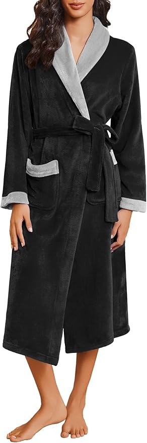 Ekouaer Robes for Women Soft Long Bathrobe Lightweight Fleece Shawl Collar Spa Robe Cozy Sleepwear with Pockets S-XXL