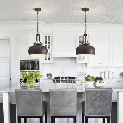 WUZUPS Chandelier Rustic Farmhouse Industrial Round Ceiling Pendant LED Light Fixture with Open Bottom Drum Shade, H 15.7" x W 13.4", Distressed Rust