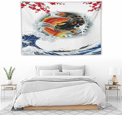 Houselerax Koi Fish Tapestry, Japanese Style Yin Yang Big Wave Cherry Blossoms Tapestries Wall Hanging for Bedroom Living Room Office Decor 90"x60"