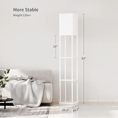 SUNMORY Shelf Floor Lamp with 3-Way Dimmable LED Bulb, Modern Square Standing Lamp with Shelves and White Shade, Corner Display Bookshelf Lamp for Living Room and Bedroom(White)