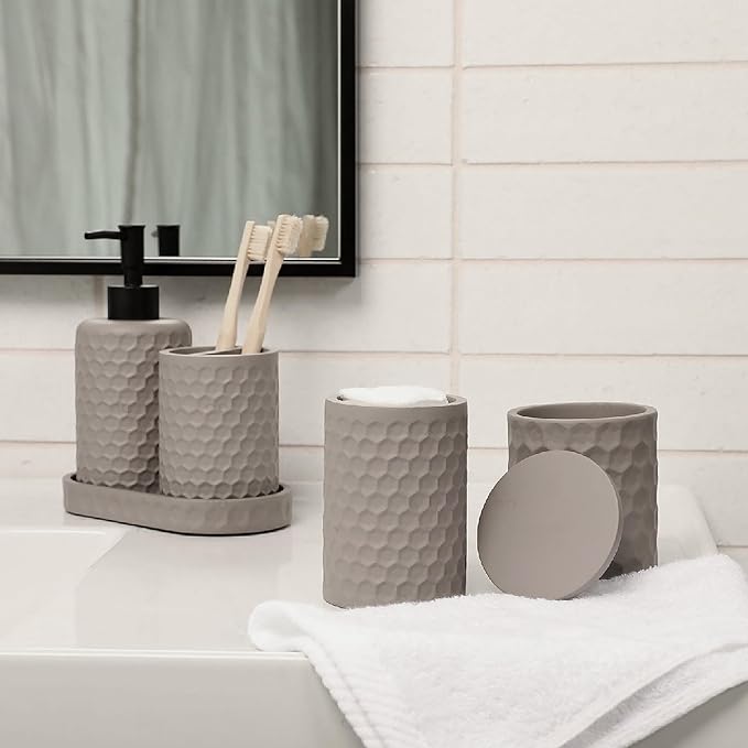 zccz 6 Piece Bathroom Accessories Set, Toothbrush Holder, Toothbrush Cup, Soap Dispenser,Bathroom Vanity Tray, Qtip Holder, Trash Can - Cement
