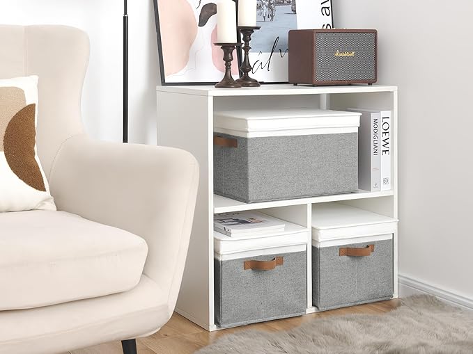 StorageWorks Storage Bins with Lids, Decorative Storage Boxes with Lid and PU Handles, Foldable Storage Baskets for Closet, Shelves, Stackable, Gray and White, Jumbo, 3-Pack