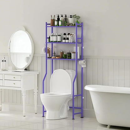 3-Tier Over The Toilet Storage with Paper Holder, Metal Bathroom Organizers and Storage for Small Space, Freestanding Bathroom Shelves with 4 Hooks, Above The Toilet Storage Shelf, Purple