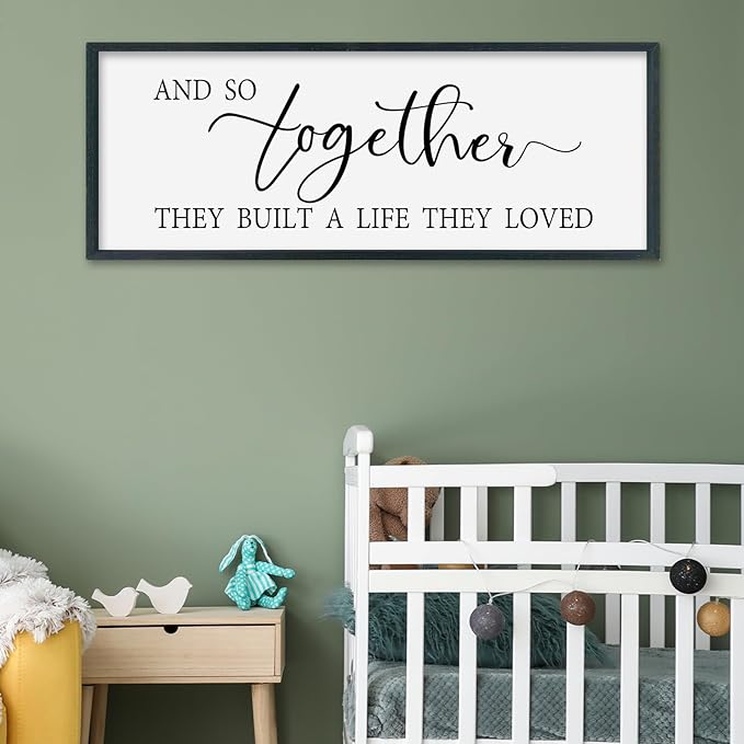 SRSZHIYUE And So Together They Built A Life They Loved Above Bed Sign Wall Decor Art 40"×15" for Master Bedroom Over Bed Large Wood Framed Wall Hanging (Black)