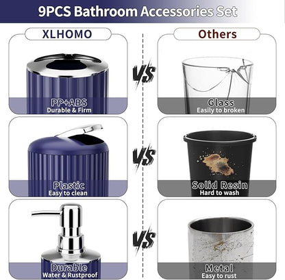 9PCS Nave Blue Bathroom Accessories Set Complete with Trash Can, Vanity Tray, Soap Dispenser, Soap Dish, Toothbrush Holder, Toothbrush Cup, Toilet Brush and Qtip Holders