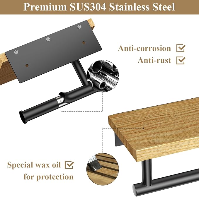 Tindbea Toilet Paper Holder with Wood Shelf, Wooden Wall Mount Tissue Roll Holder, Matte Black Stainless Steel Bathroom Accessories Decor for Household Home Apartment Restroom Essential (Red Oak)