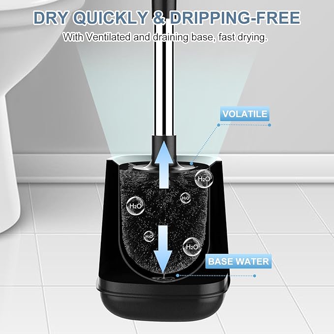 SetSail Toilet Brush and Holder 4 Pack, Self Closing Lid Toilet Bowl Brushes Holder Extra Long Handle Ventilated Toilet Brush Set for Bathroom Cleaning, Nylon Bristles, Black