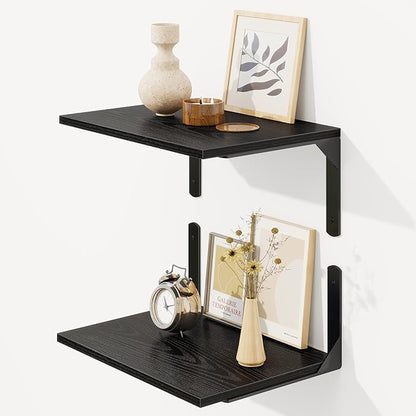 16" W x 12" D Black Floating Shelves for Wall, 12 Inch Deep Floating Shelf with Visible Bracket, Rustic Wood Bookshelf Wall Mounted, Deep Bathroom Shelves for Storage, Set of 2