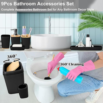 Bathroom Set Black Bathroom Trash Can, 9 Piece Bathroom Decor Toothbrush Holder, Cup, Lotion Dispenser, Tray, Soap Dish, Toilet Brush, Qtip Holder