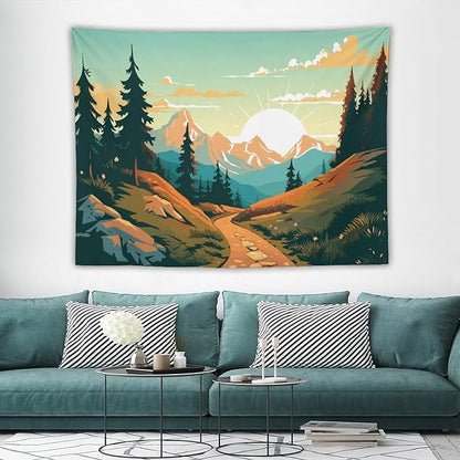 HZOHNAGO Mountain Tapestry Forest Mountain Sunrise Road Pattern Printed Wall Tapestry Wall Hanging for Bedroom Living Room Dorm 80" W x 60" H