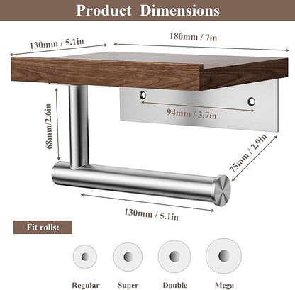 Tindbea Toilet Paper Holder with Wood Shelf, Wooden Wall Mount Tissue Paper Roll Holder, Brushed Nickel Stainless Steel Bathroom Accessories Decor Household Home Apartment Restroom Essentials (Walnut)