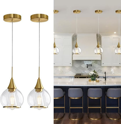 Pendant Light Fixtures Kitchen: 2 Pack Modern Gold Island Light with Clear Glass - 6 Inch Mid Century Globe Kitchen Lighting Chandeliers Ceiling for Foyer Bedroom