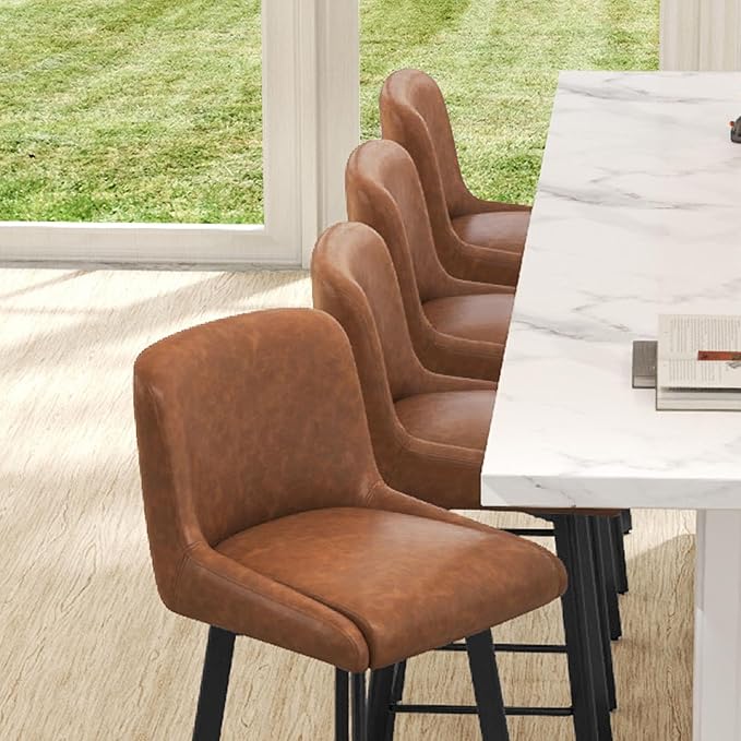 Swivel Bar Stools Set of 3, 26''H Upholstered Barstools with Backs, Modern Counter Height Bar Stool Chairs for Kitchen Island, Metal Legs, Faux Leather, Brown Counter Stools