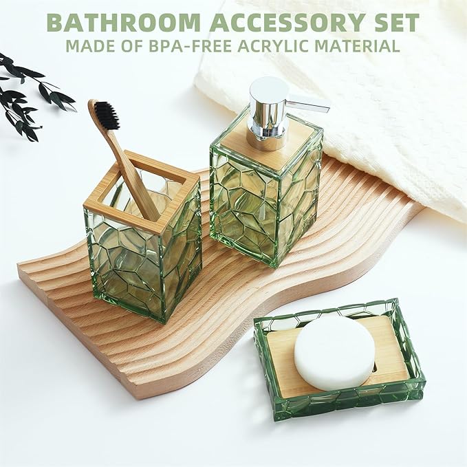 Sage Green Bathroom Accessories Set, Toothbrush Holder, Soap Dispenser, Cotton Swabs Holder, Soap Dish, Toilet Brush with Holder, Boho Bamboo Bathroom Decor,Acrylic (Green)