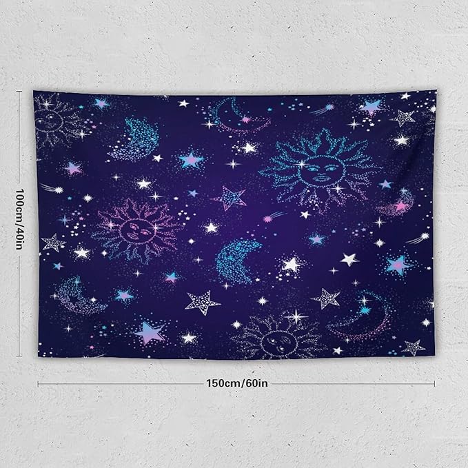 HZOHNAGO Boho Sun Moon Tapestry Purple Blue Sun Stars Galaxy Pattern Printed Wall Tapestry Wall Hanging for Bedroom Living Room Dorm 60" W x 40" H