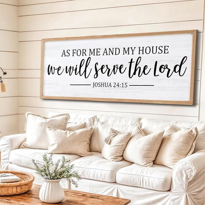 As For Me And My House We Will Serve The Lord Framed Wall Art, 40''×15'' Positive Religious Rustic Bible Verse for Christian God Jesus Christ Prayer, Vintage Long Holy Catholic Scripture Decor
