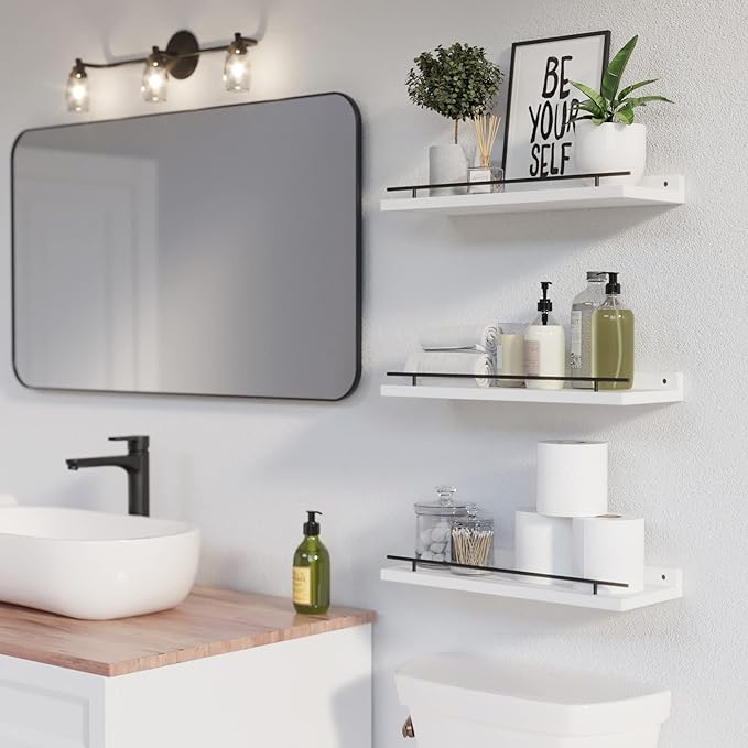 WOPITUES Floating Shelves with Black Metal Guardrail, Shelves for Wall Decor Set of 3, Wall Shelves for Bedroom, Bathroom, Kitchen, Living Room, Plants, Picture Frames, Art- Black and White