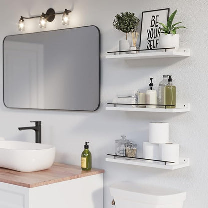 WOPITUES Floating Shelves with Black Metal Guardrail, Shelves for Wall Decor Set of 3, Wall Shelves for Bedroom, Bathroom, Kitchen, Living Room, Plants, Picture Frames, Art- Black and White