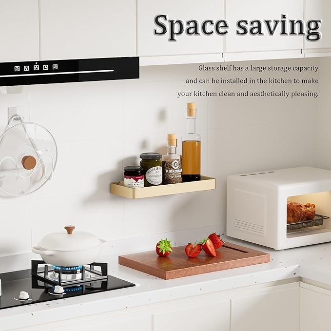 Alise Glass Bathroom Shelf,Gold 11.8 Inch Rectangular Floating Shelves for Bathroom, Showers, Vanities, Kitchens,SUS304 Stainless Steel Glass Shelf for Toilet Room Decoration