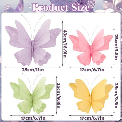 SUNBEAUTY Butterfly Party Decorations, 3D Paper Butterfly Decoration, Hanging Paper Butterfly for Baby Shower Decorations Girls, Women, Paper Flowers for Wall Decoration, Set of 4