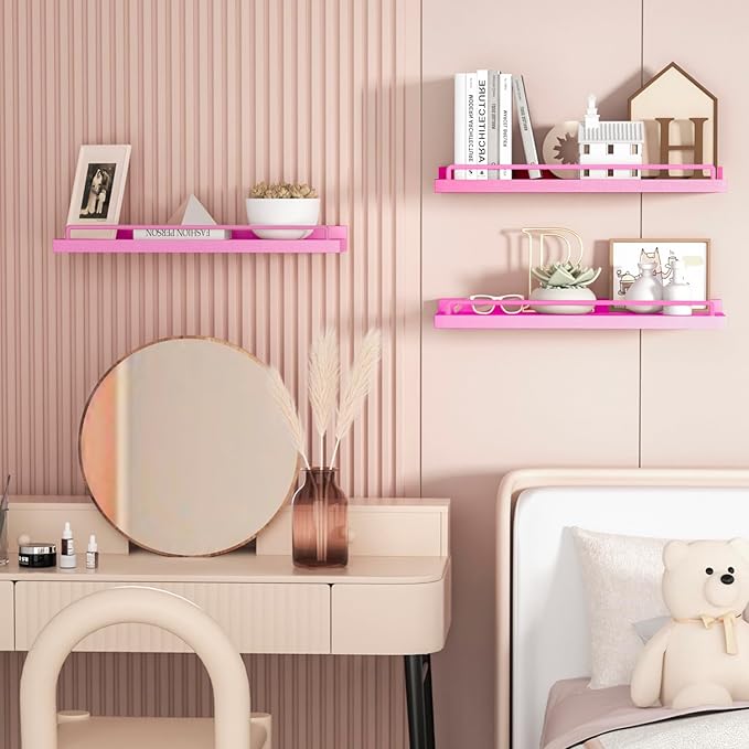 Pink Floating Shelves, Kawaii Room Decor Wall Shelves for Living Room, Bedroom, Picture Frames, Plants, Kitchen - Set of 3 (Rose Pink), 84732428