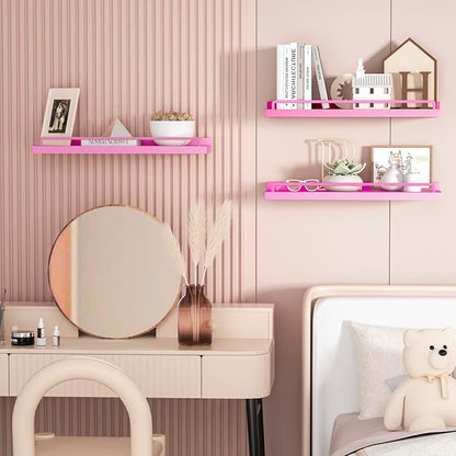 Pink Floating Shelves, Kawaii Room Decor Wall Shelves for Living Room, Bedroom, Picture Frames, Plants, Kitchen - Set of 3 (Rose Pink), 84732428