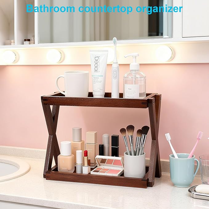 Bathroom Counter Organizer with Basket, Wooden Sink Shelf for Vanity Storage, Storage Organizers for Bathroom, Kitchen, Dresser (Brown-Brown)