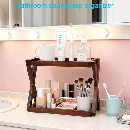 Bathroom Counter Organizer with Basket, Wooden Sink Shelf for Vanity Storage, Storage Organizers for Bathroom, Kitchen, Dresser (Brown-Brown)