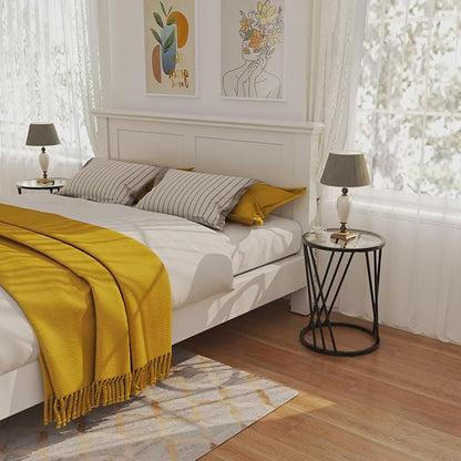 Round Side Table, Modern End Tables for Living Room Office Small Spaces, Glass Black End Table with Metal Frames, Nightstand for Bedroom, Bedside Furniture, Easy Assembly