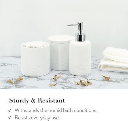 ZCCZ White Bathroom Accessories Set 6 Pieces - Toothbrush Holder, Lotion Dispenser, Qtip Container, Vanity Tray, Tumbler - Countertop Organizer for Bathrooms - Elegant and Functional Décor Set