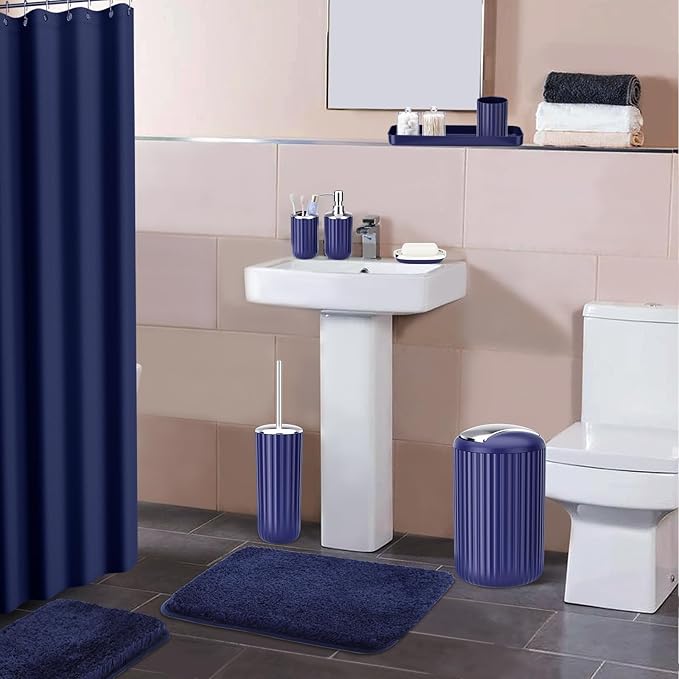 24 PCS Nave Blue Bathroom Accessories Set with Shower Curtain and Rugs, Bathroom Sets with Extra Soft and Absorbent Bath Rugs Shower Curtain Bathroom Accessory for Bath