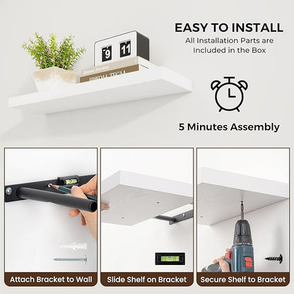 48 inch Floating Shelves for Wall Large Wall Mounted Shelves with Invisible Brackets, White Long Shelves for Bathroom, Living Room, Kitchen, Office, 48x9.1 inch deep Set of 2