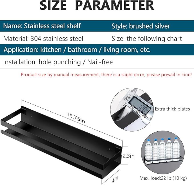 Rustproof Metal Storage Floating Shelves Wall Mounted Rectangular Shelf for Bedroom,Bathroom, Living Room, Kitchen, and Laundry Room,Nail-Free Wall-Mounted Shelves（15.75 Inch Black）