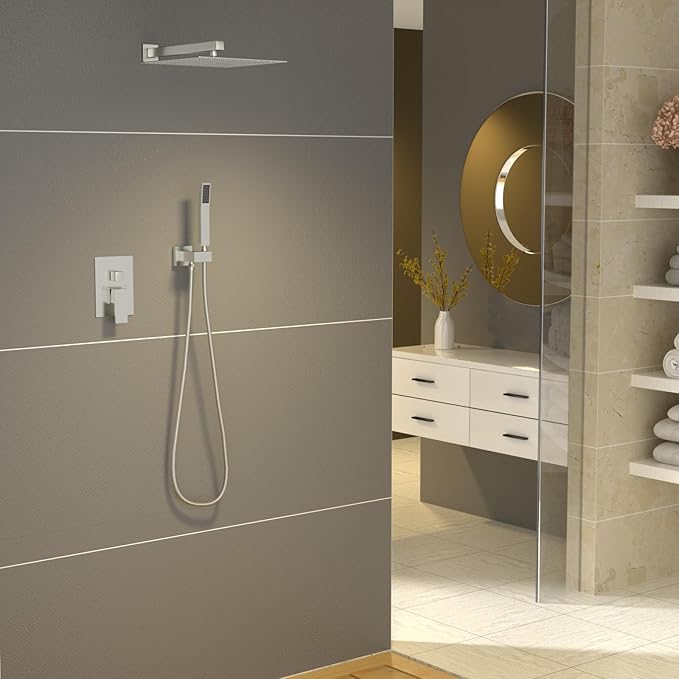 Sarlai Shower System Bathroom Shower Faucet Square Rainfall Shower Head and Handle Combo Wall Mounted Shower Faucet with Valve 12 Inch Shower Head Trim Systems Brushed Nickel
