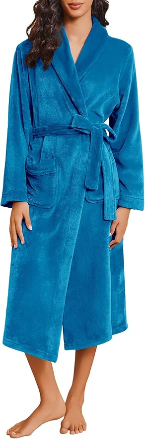 Ekouaer Robes for Women Soft Long Bathrobe Lightweight Fleece Shawl Collar Spa Robe Cozy Sleepwear with Pockets S-XXL